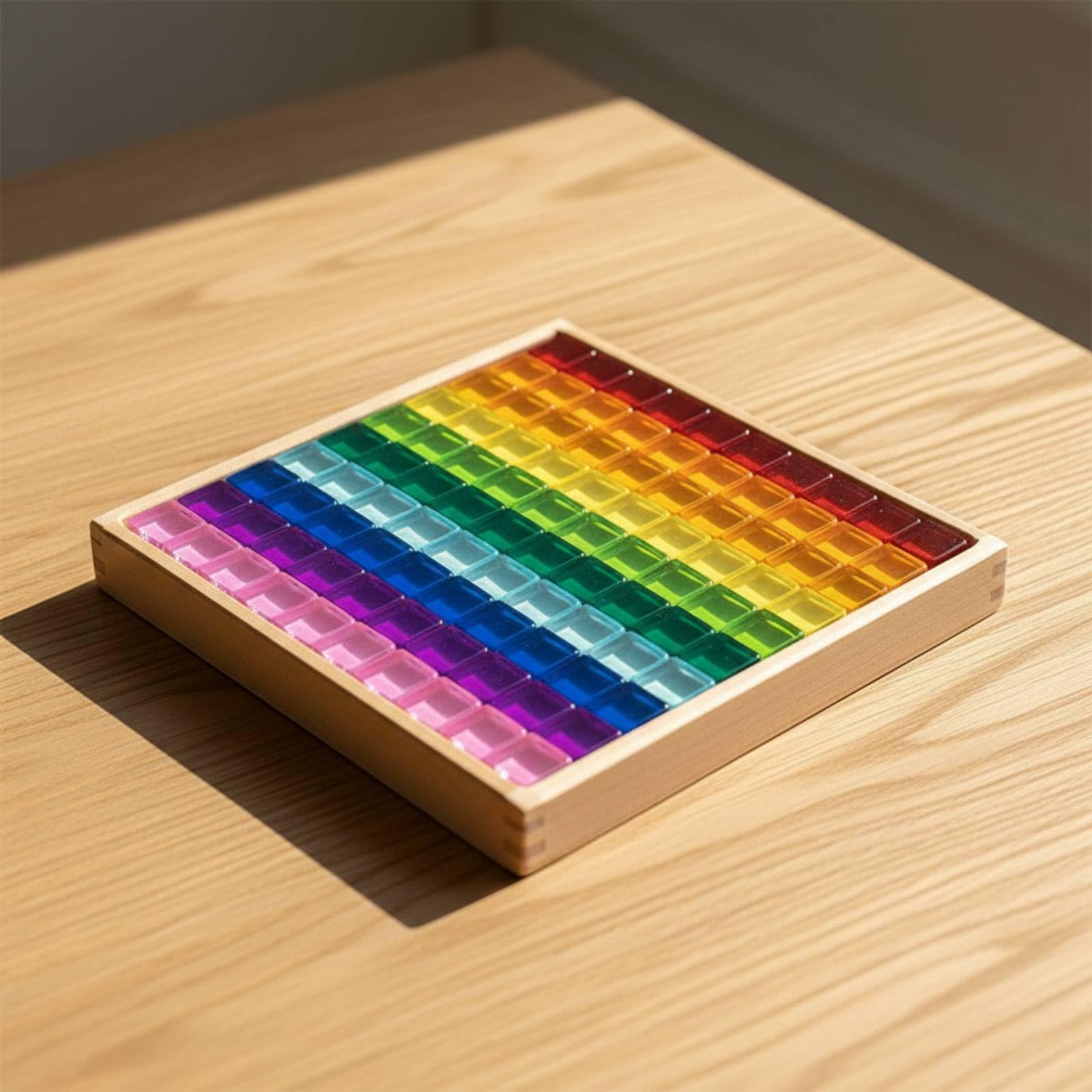 100 Pezzi Blocchi di Costru Resina Tras Cubetti Lisci Multicolori con Tray in Legno per Giocattoli per Costruire Modelli E Sequenze