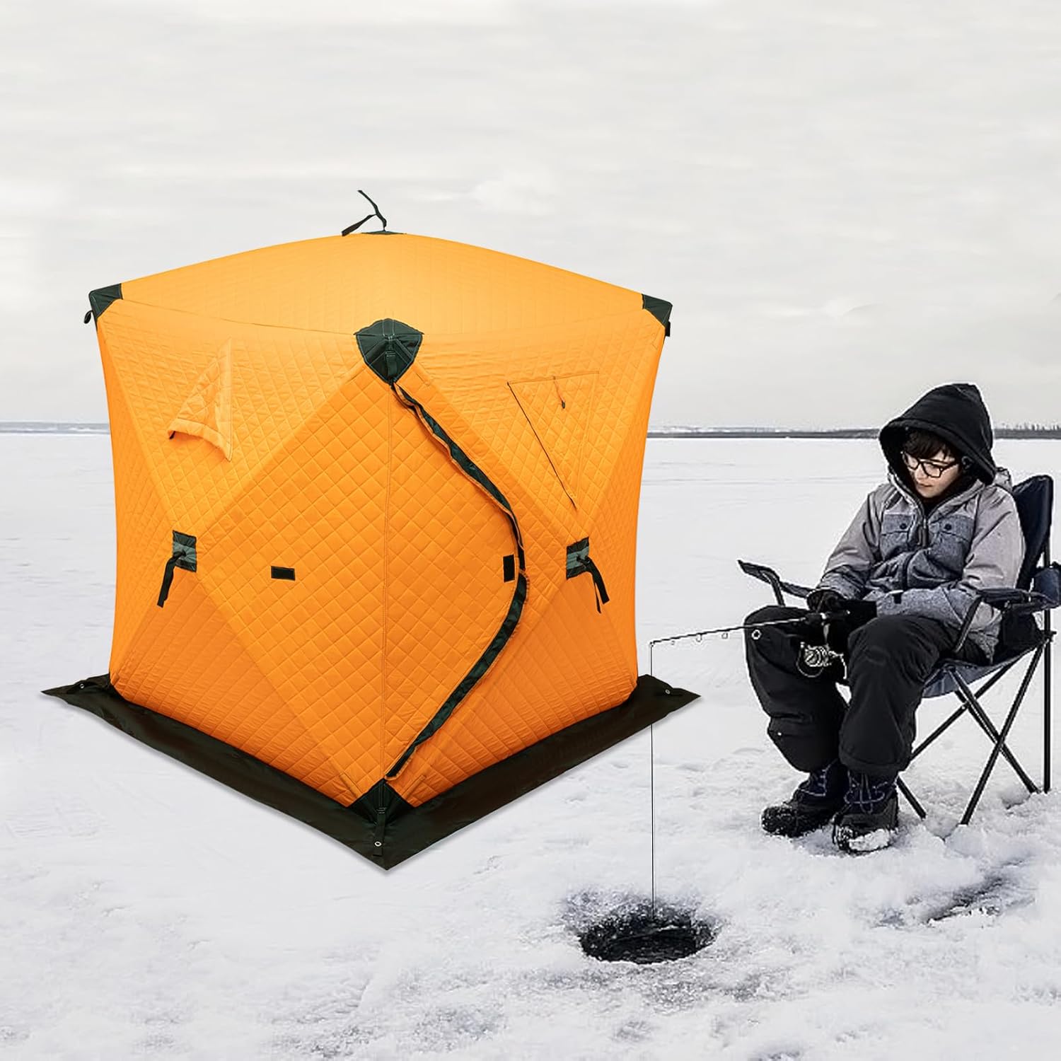 57x57x65in Pop-Up Ice Fishing Tent – Portable Ice Shelter with Windproof Ropes/Ice Anchors, 210D Oxford Cloth + Fiberglass Rods, Portable 1-2 Person Ice Shanty for Winter Fishing