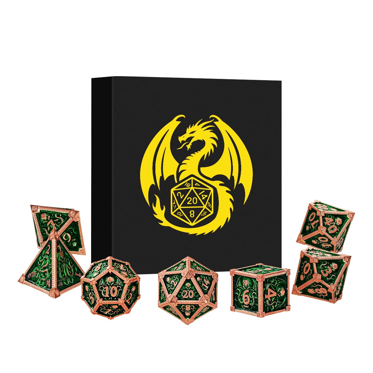 Metal Dice Set, Octopus Pattern, 7pcs Polyhedral Metal DND Dice Set, DND Starter Set, D&D Gifts with Gift Box, Role Playing Board Games Accessories, Red Copper Border Green
