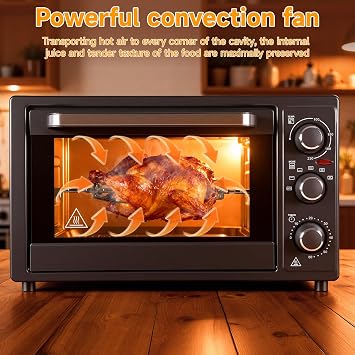 32L 1500W Countertop Convection Toaster Oven, Multi-Function Rotisserie Oven with Dehydrate & Roast, 60-Min Timer 0-230°C, 6 Accessories for Pizza Chicken Baking