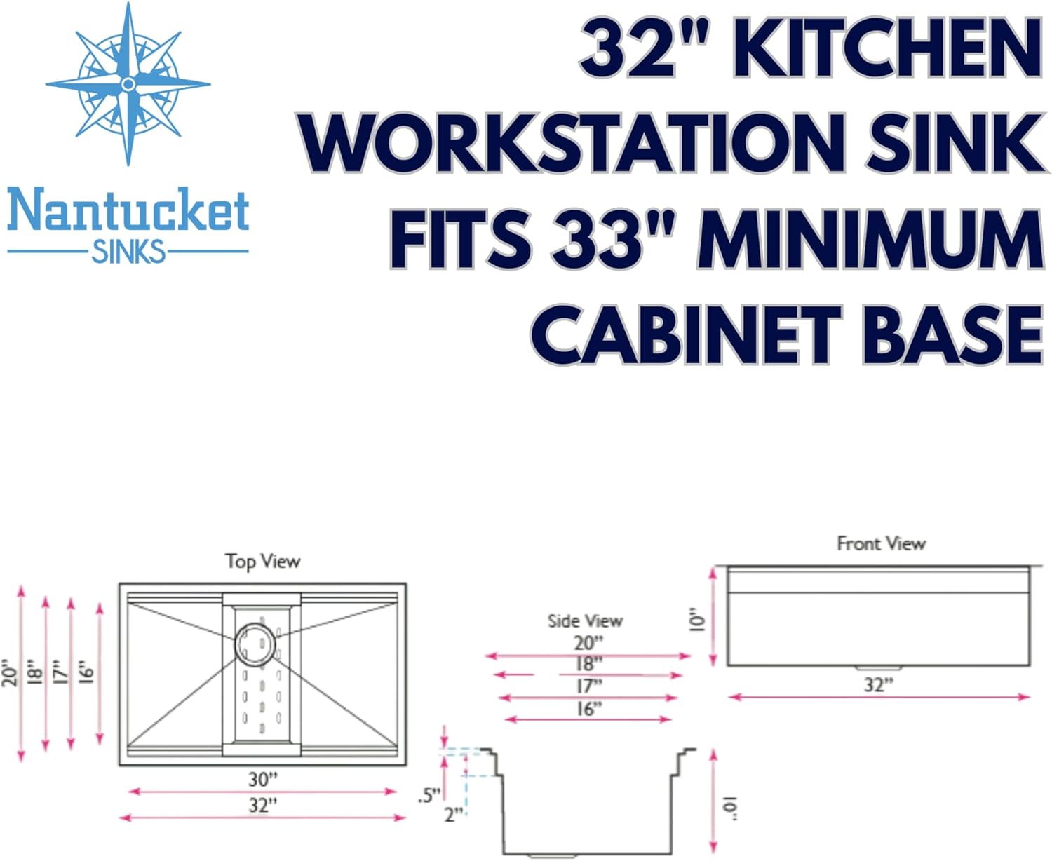 Nantucket Sinks ZR-PS-3220-16 Pro Series large Prep Station single Bowl Undermount Stainless steel Kitchen Sink with Included Rolling Mat, Grid, Colander & Drain, 32"