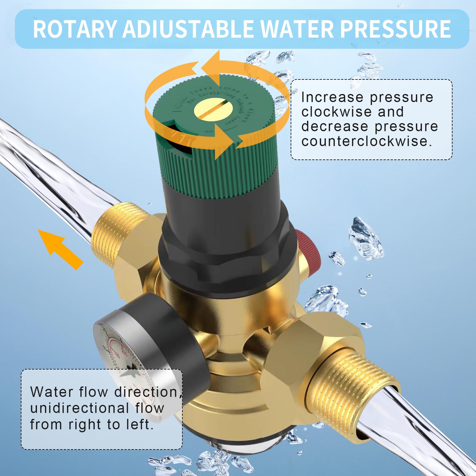 Reducteur de Pression Eau 3/4 Pouce, DN 20 Régulateur de Pression d'eau en Laiton Limiteur de Pression Eau avec Manomètre et Filtre à Tamis en Acier 316 pour Filtrer Les Impuretés Dans L'eau