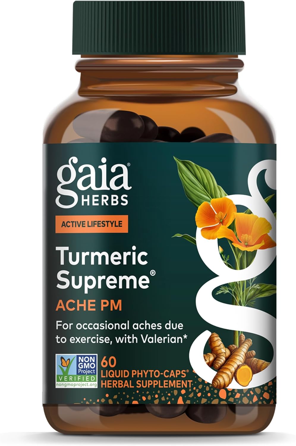 Gaia Herbs Turmeric Supreme Ache P.M. - Helps Provide Nighttime Comfort to Support More Restful Sleep* - with Turmeric Root, Valerian, California Poppy & More - 60 Liquid Phyto-Caps (20 Servings)