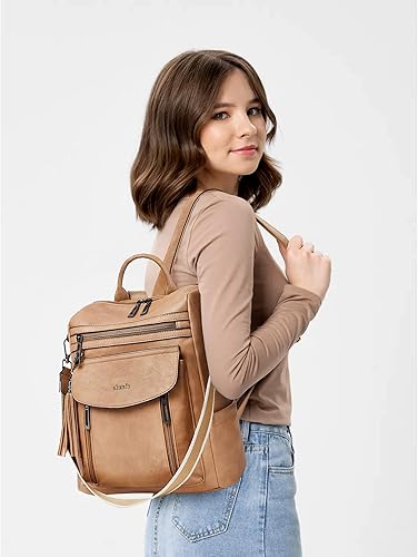 Miniatura 2 de Shrrie Mochila para mujer, mochila de cuero a la moda, bolso de viaje de diseño, bolsa de hombro, 2-1 marrón camel bicolor, Mochilas de viaje