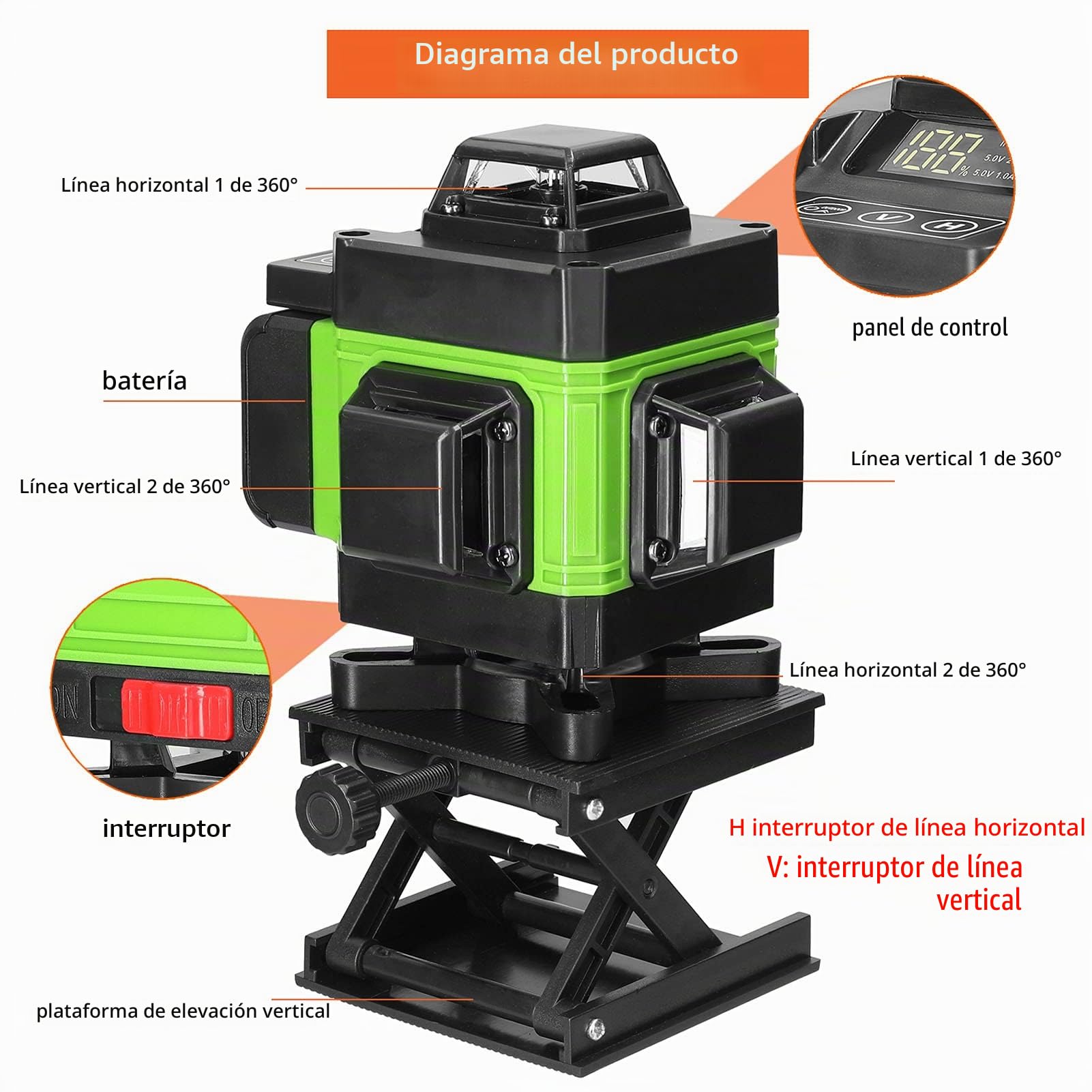 Geevorks Nivel Láser Autonivelante 3°,4D 16 Líneas Laser Nivel Verde,Batería de Litio Recargable USB,con Barra de Extensión de Aleación Ajustable de 1,2 m Alturas de Trípode (Verde, con Trípode)