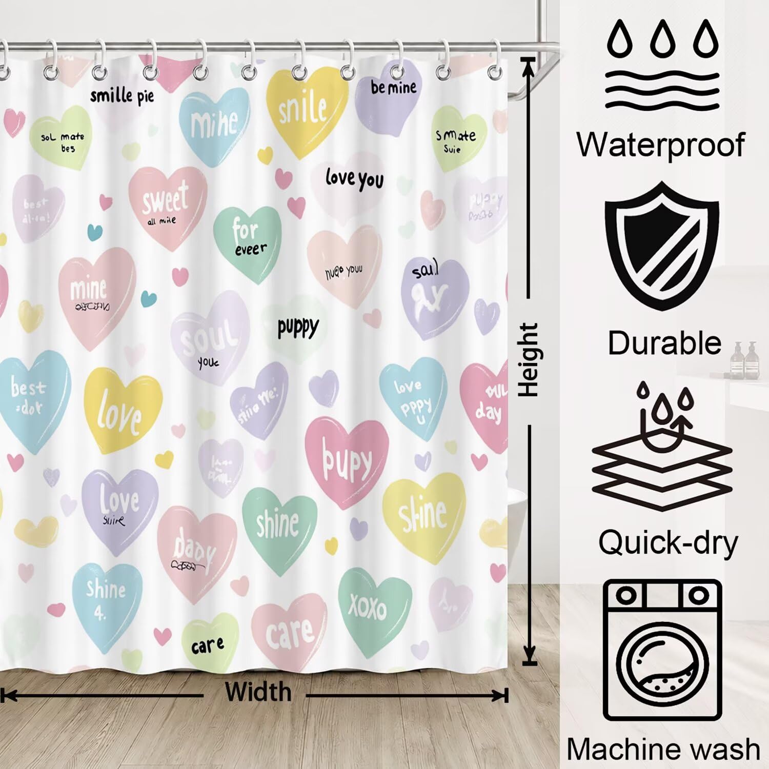 Rideau de Douche 180x200 cm Amour Rideau Douche Tissus Lavable Couleur Rideaux de Baignoire Imperméable Polyester Shower Curtain avec 12 Crochets, Décoratif Accessoires de Salle de Bain W-P71