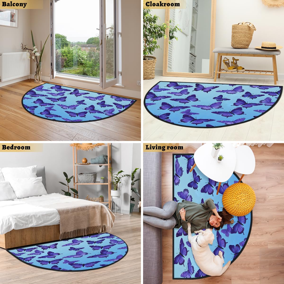 Mexpekil Paillasson demi-rond antidérapant lavable en demi-lune avec motif papillons bleus pour intérieur et extérieur - 100 x 160 cm