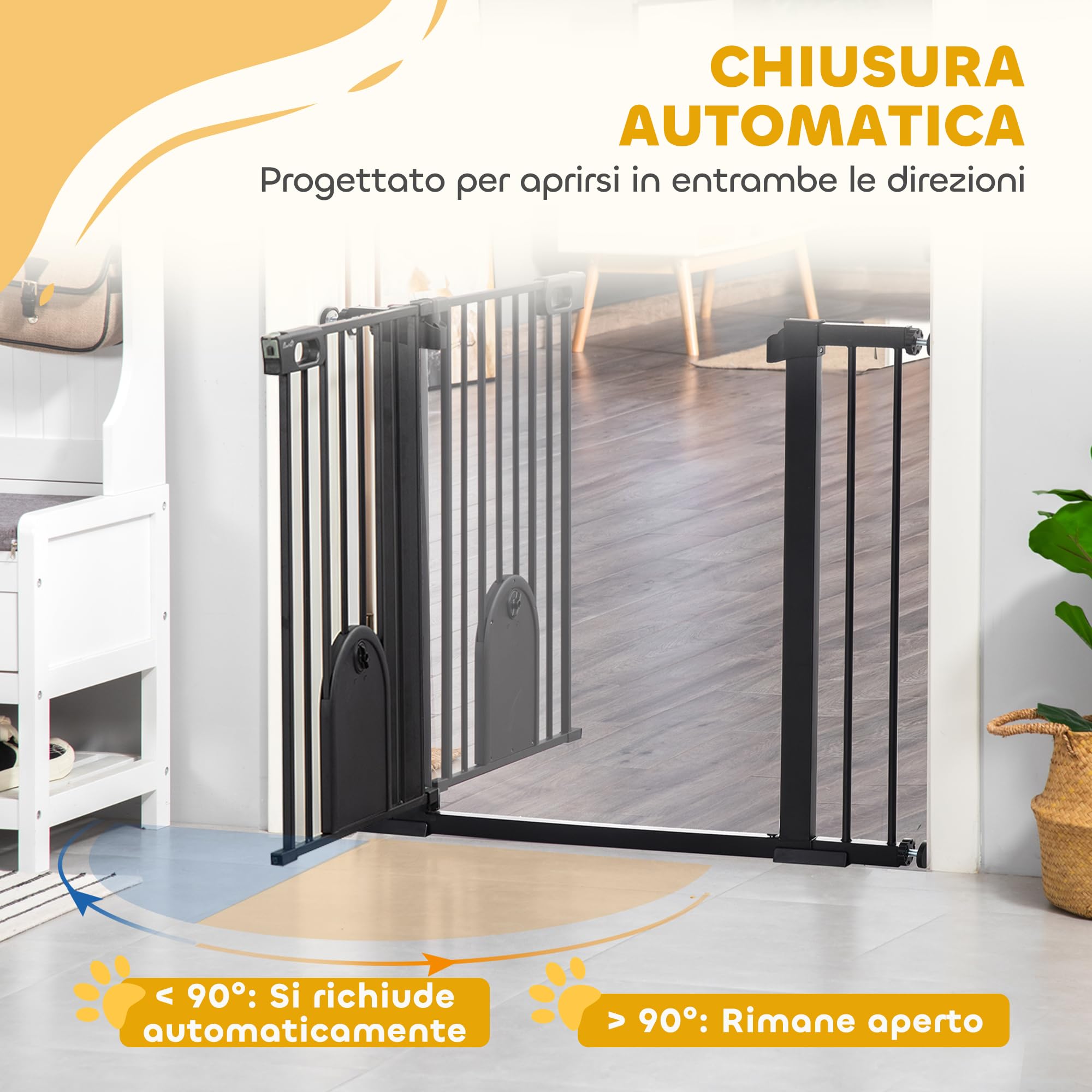 PawHut Cancellino per Cani Regolabile con Porta Piccola e Montaggio a Pressione, Barriera per Cani con Chiusura Automatica, 75-103x76 cm, Nero