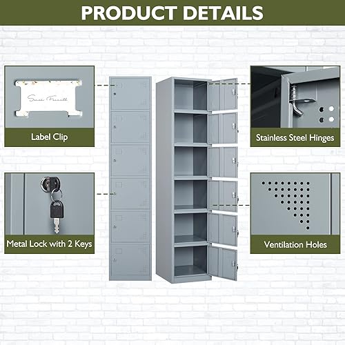 Miniatura 5 de Taquillas de metal para empleados  Armario de almacenamiento de 71 pulgadas para empleados grandes con 6 puertas  Armarios de acero de 6 niveles