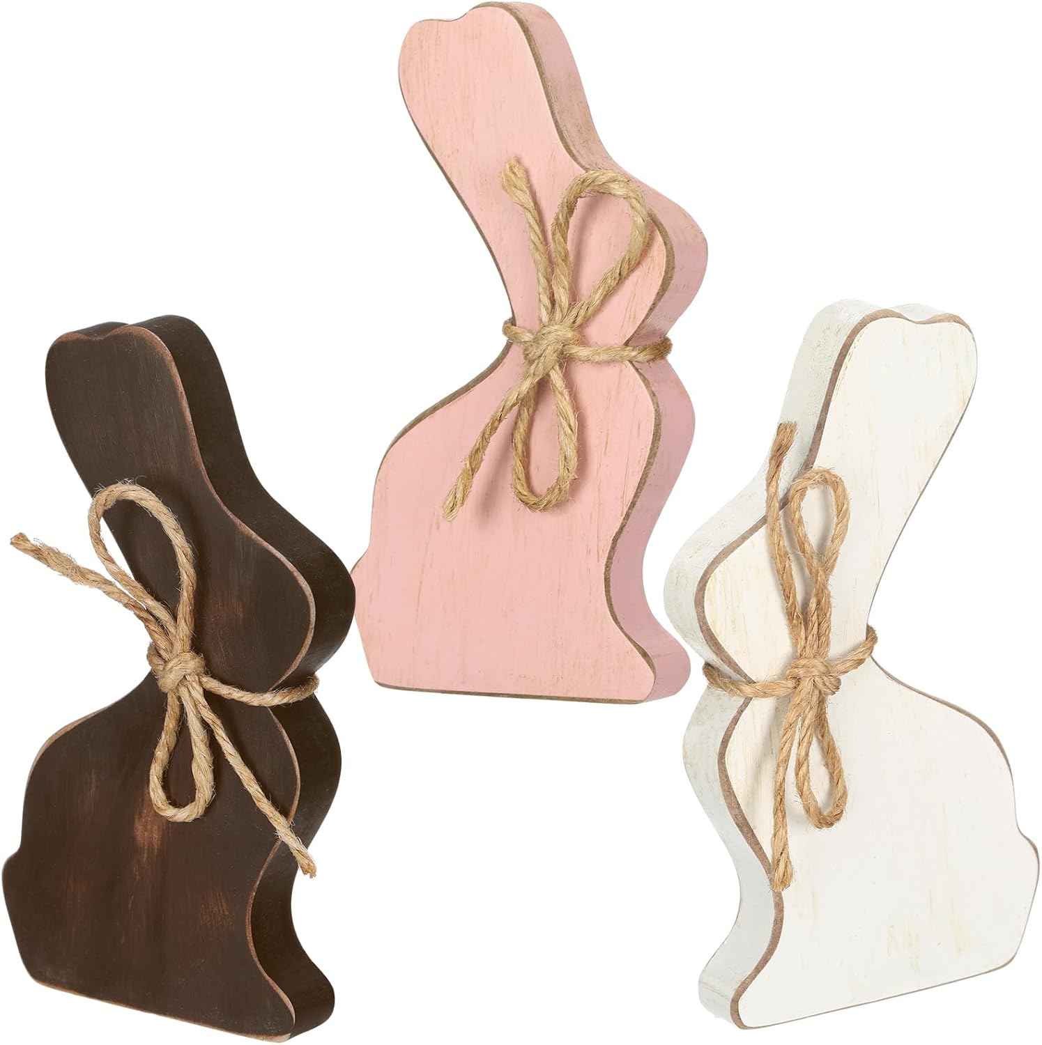 BreezeHug 3 Pcs Easter Bunny Table Decorations, Farmhouse Easter Wooden Bunny Sign with Jute Bows Decor Spring Vintage Rabbits Table Centerpiece for Home Office Tabletop Tiered Tray Gifts - Image 8
