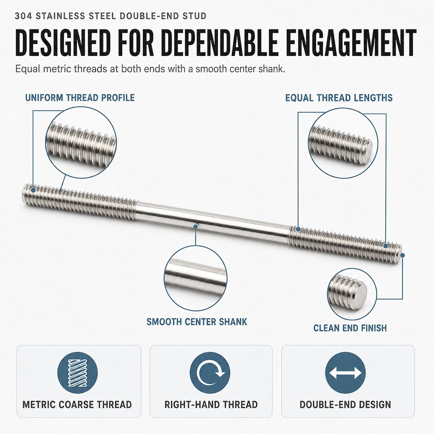 4Pcs M16xL80mm 304 Stainless Steel Double End Threaded Stud Screw Bolts