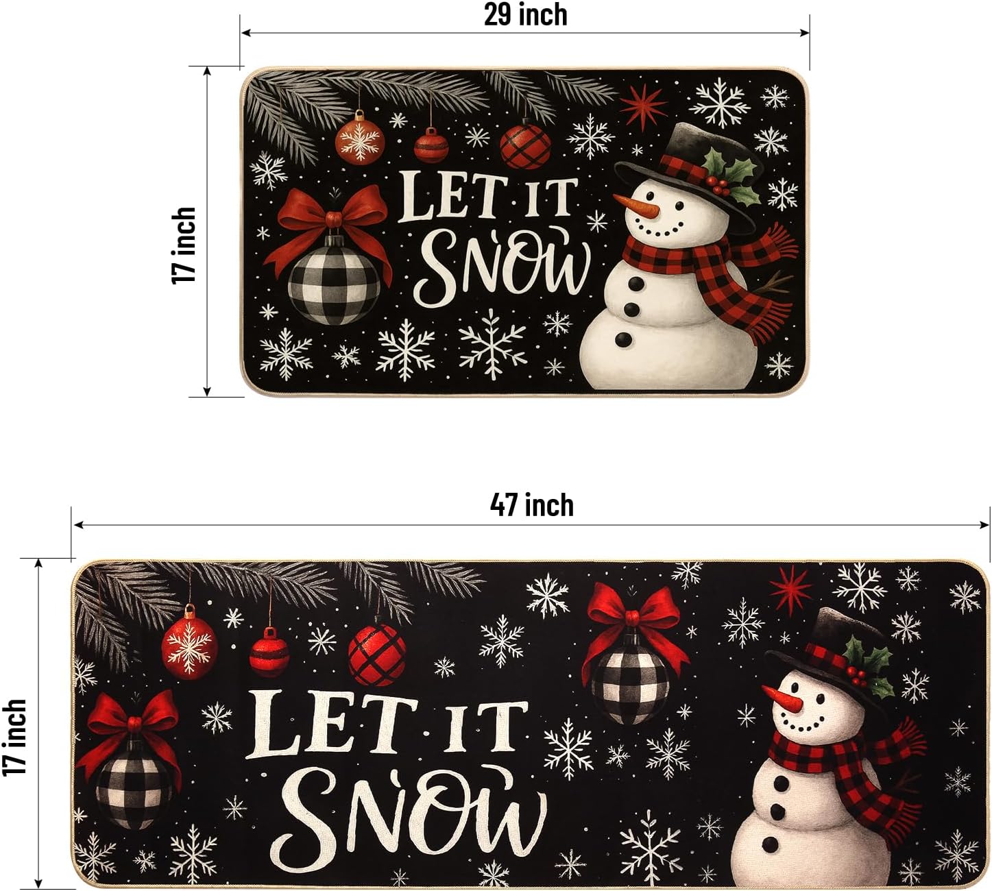 Mirok Kitchen Rugs Christmas Set of 2,Snow Christmas Kitchen Mat Farmhouse Christmas Decor Winter Kitchen Rug Mats Winter Rugs Indoor (Black,17"x29"+17"x47")