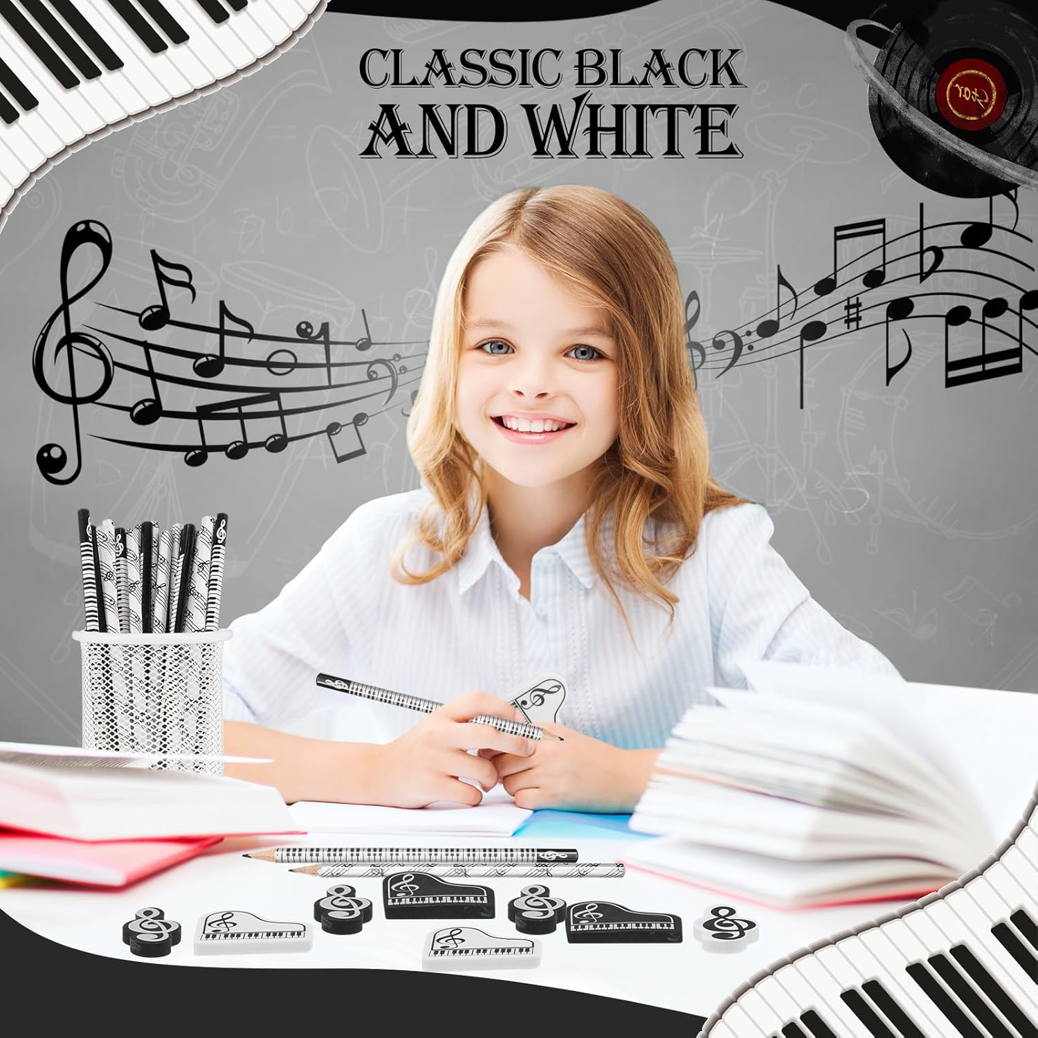 96 Pcs Music Pencils Music Note Pencil and Erasers Piano Recital Gifts Wood Piano Keyboard Erasers Bulk Musical Party Favors for Students Teachers Classroom Back to Shool Supplies