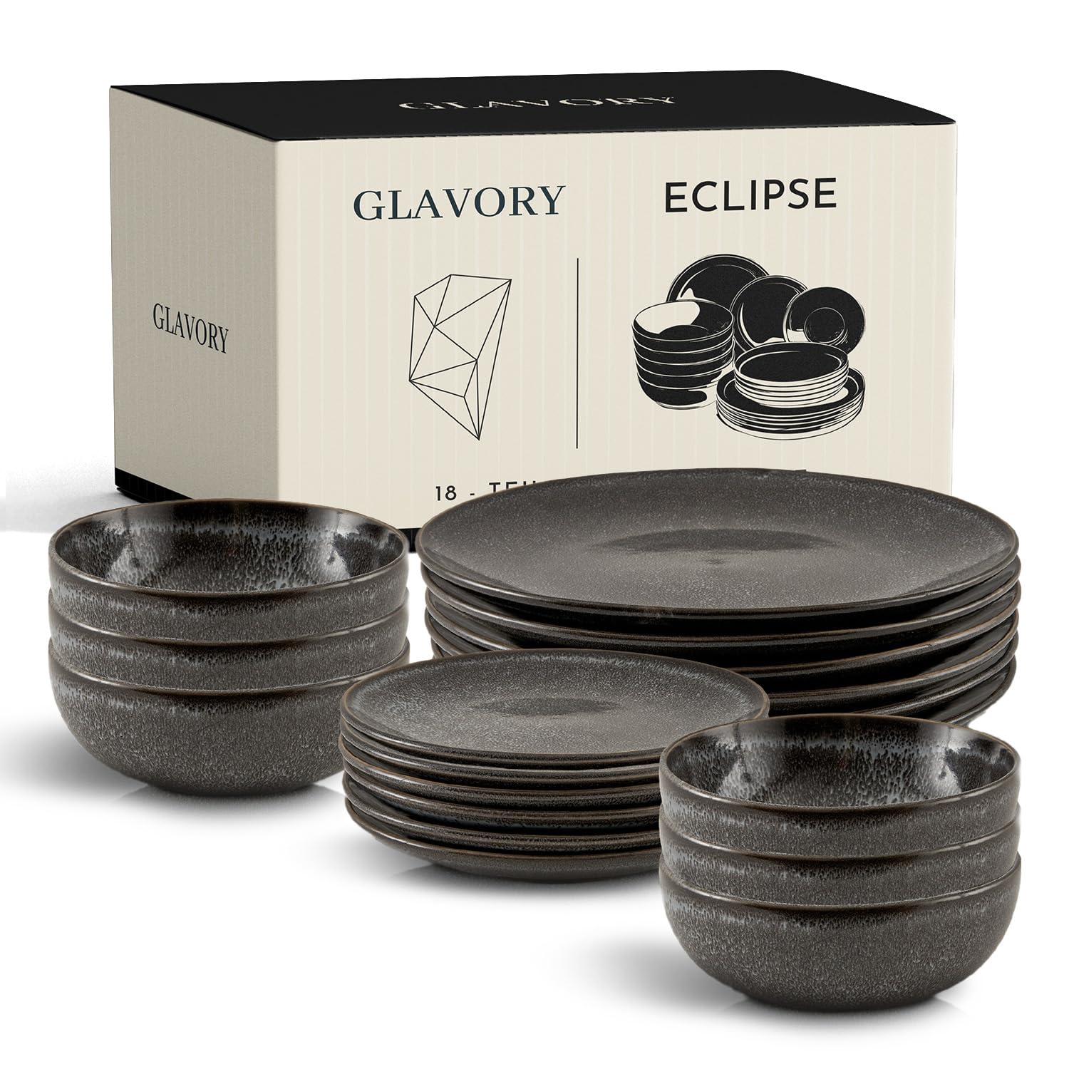 Glavory Eclipse *NEU* – Steingut Geschirr Set 6 Personen – 18-teilig – Service & Geschirrsets in Schwarz – Tafelservice mit Geschenkverpackung
