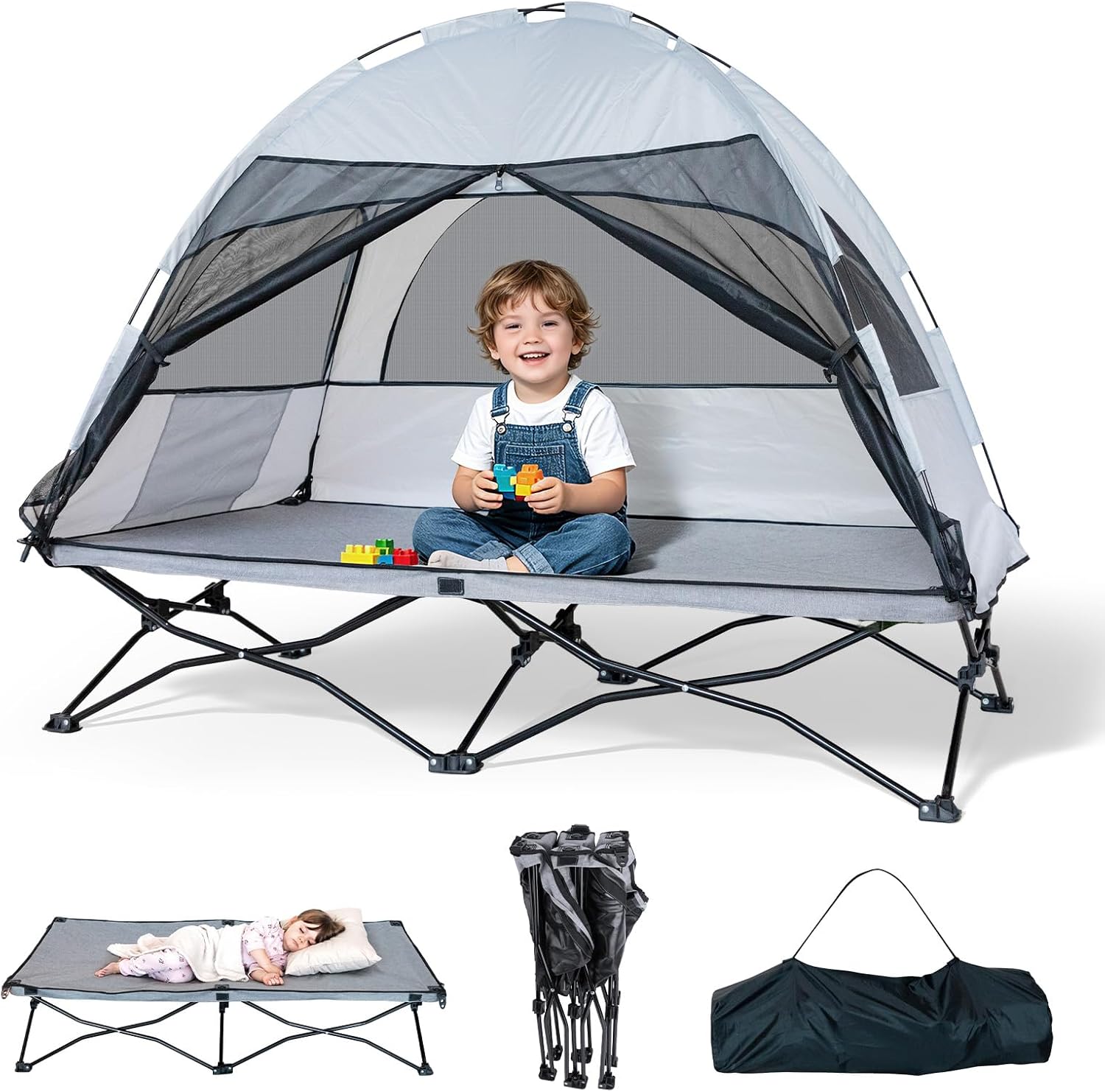 Toddler Travel Bed with Tent: Baby Portable Cot with Tent Suitable for Indoor and Outdoor Use - Sun Protection & Mosquito Repellent(Grey)