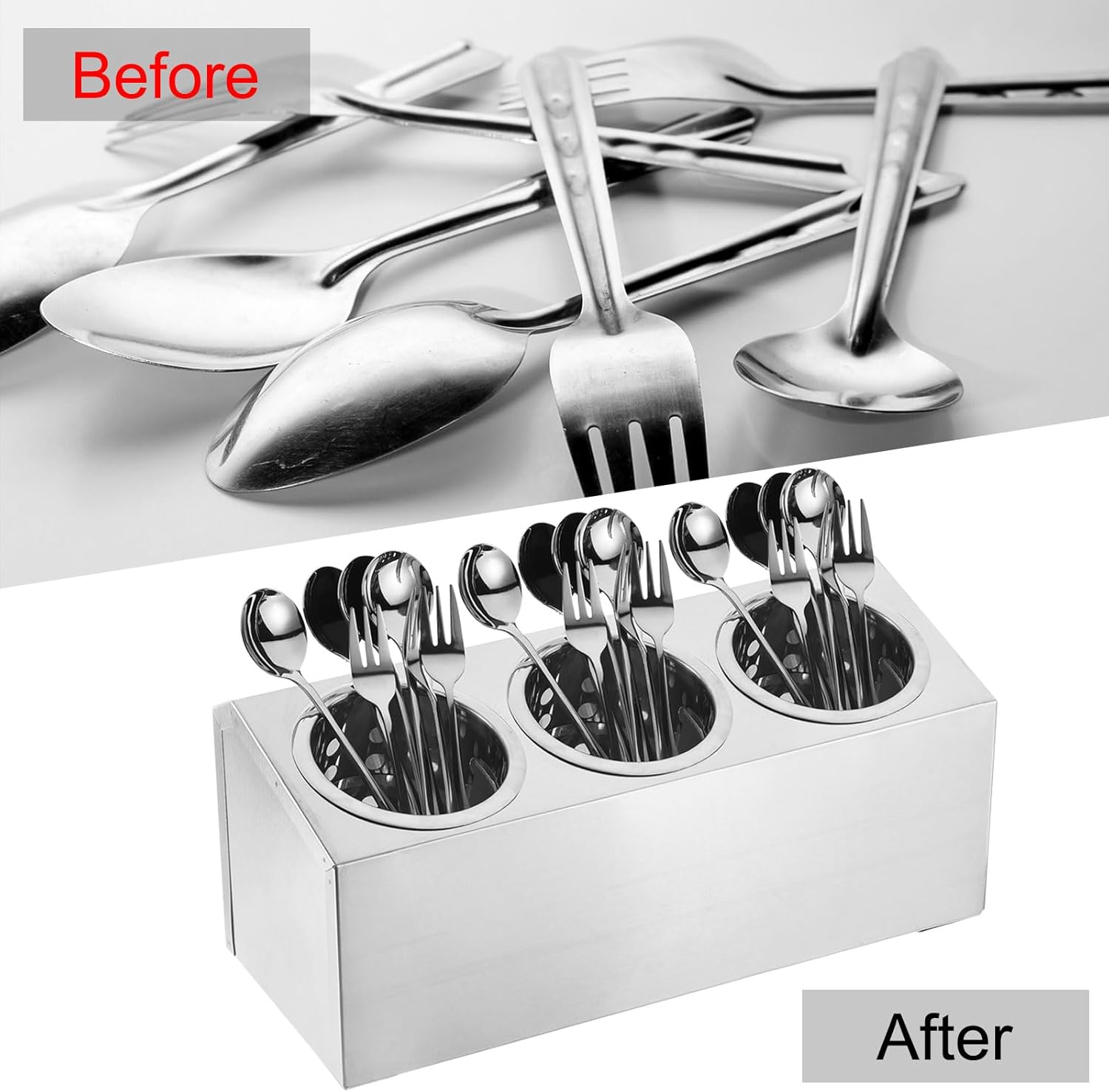 uxcell 2pcs Commercial Utensil Holder, Stainless Steel Kitchen Utensil Holder Cylinder Flatware Caddy Drying Rack Countertop Silverware Organizer for Restaurants Buffets (3 Holes)