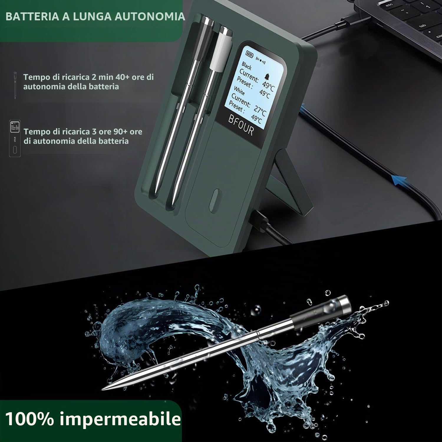 Termometro per carne senza fili Bluetooth con 2 sonde, display LCD, controllo tramite APP, termometro per griglia per BBQ, griglia, affumicatore, forno, cucina, BF-40