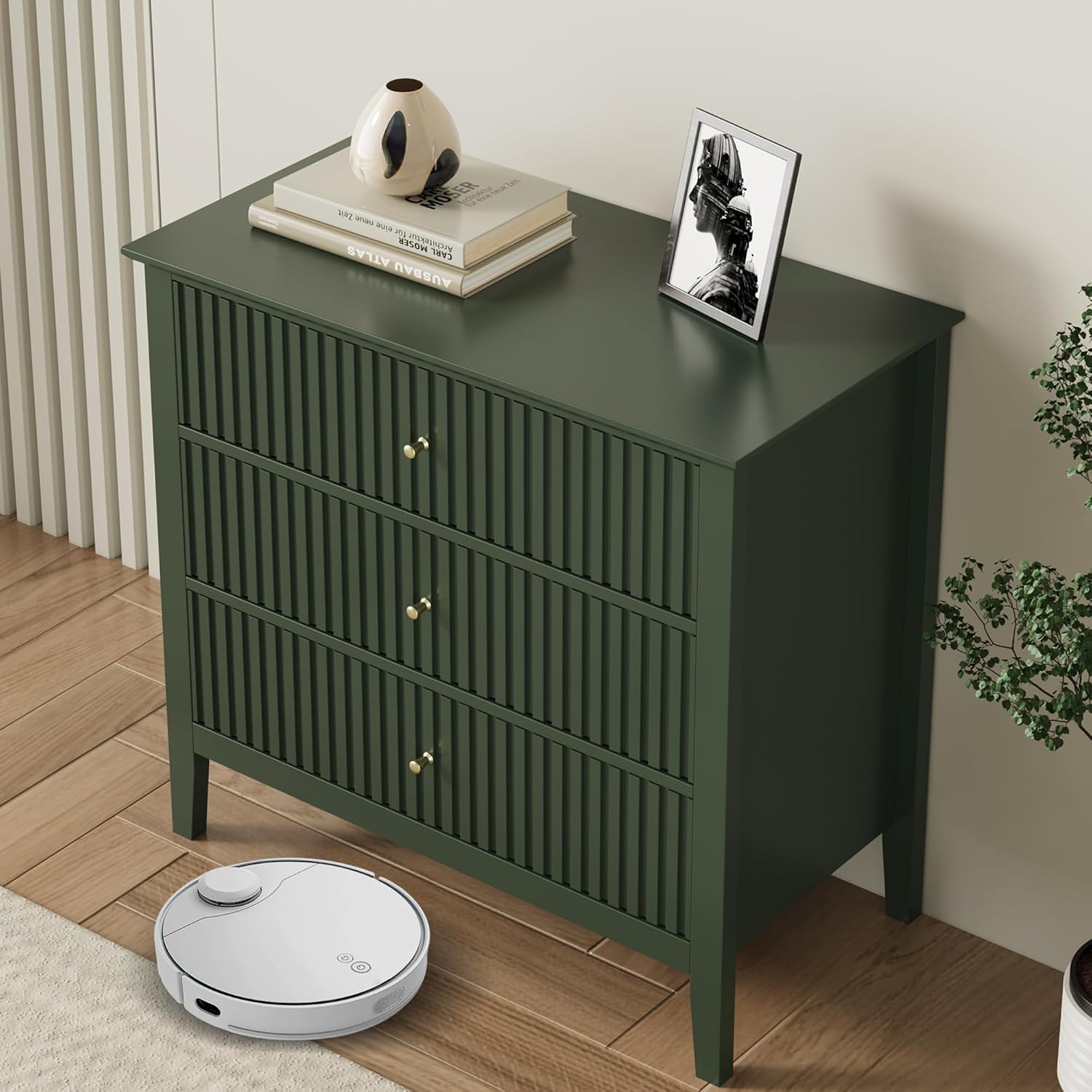RoyalCraft Large 3 Drawer Dresser Set of 2, Fluted Chest of Drawers with Storage, Modern Painted 30 inch Tall Nightstand for Bedroom Living Room Entryway, Green Green 3 Drawer Dresser(Set of 2)