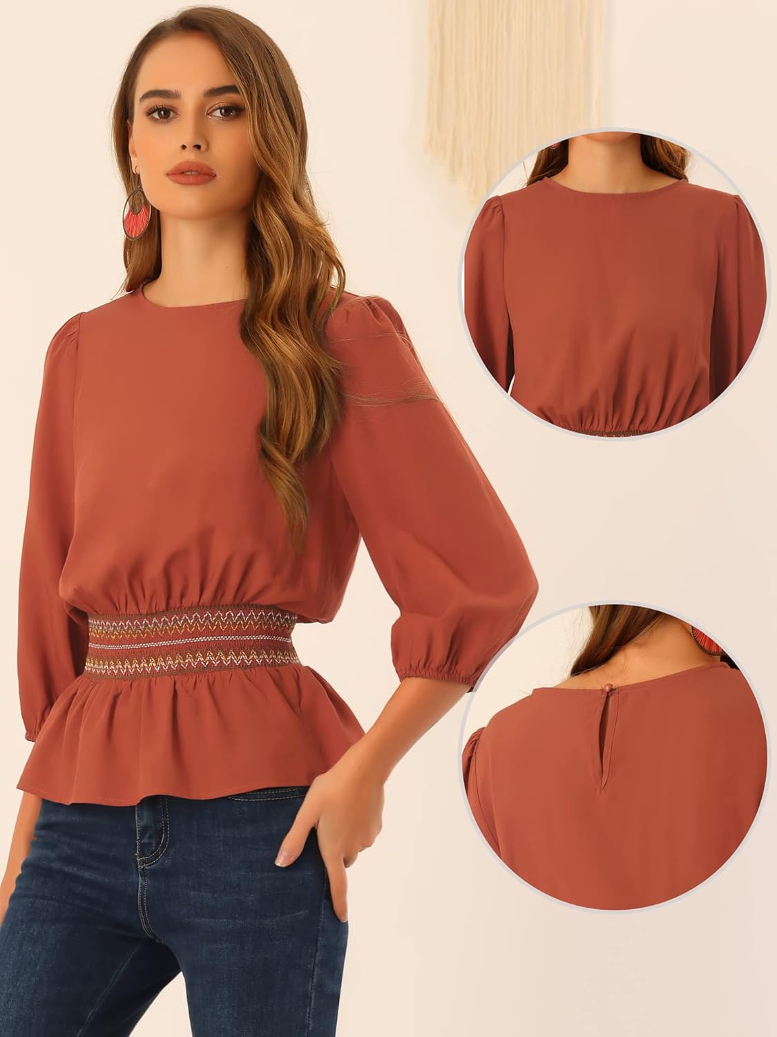 Allegra K Peplum Tops for Women's 3/4 Sleeve Smocked Waist Blouse - Image 4