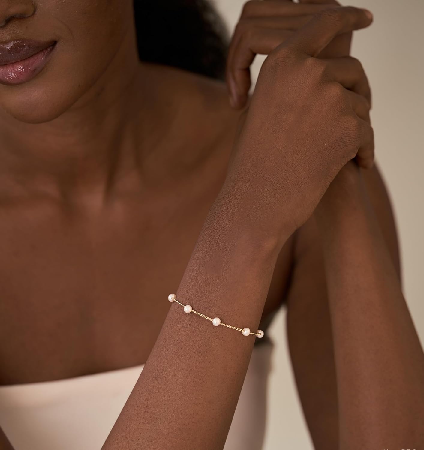 NECOCY 14K Gold Plated Pearl Bracelets for Women, Dainty Bracelets Stack Trendy Pearls Beaded Link Chain Charm Bracelets Set Layered Non Tarnish Tiny Cute Jewelry for Women Valentine's Day - Image 5