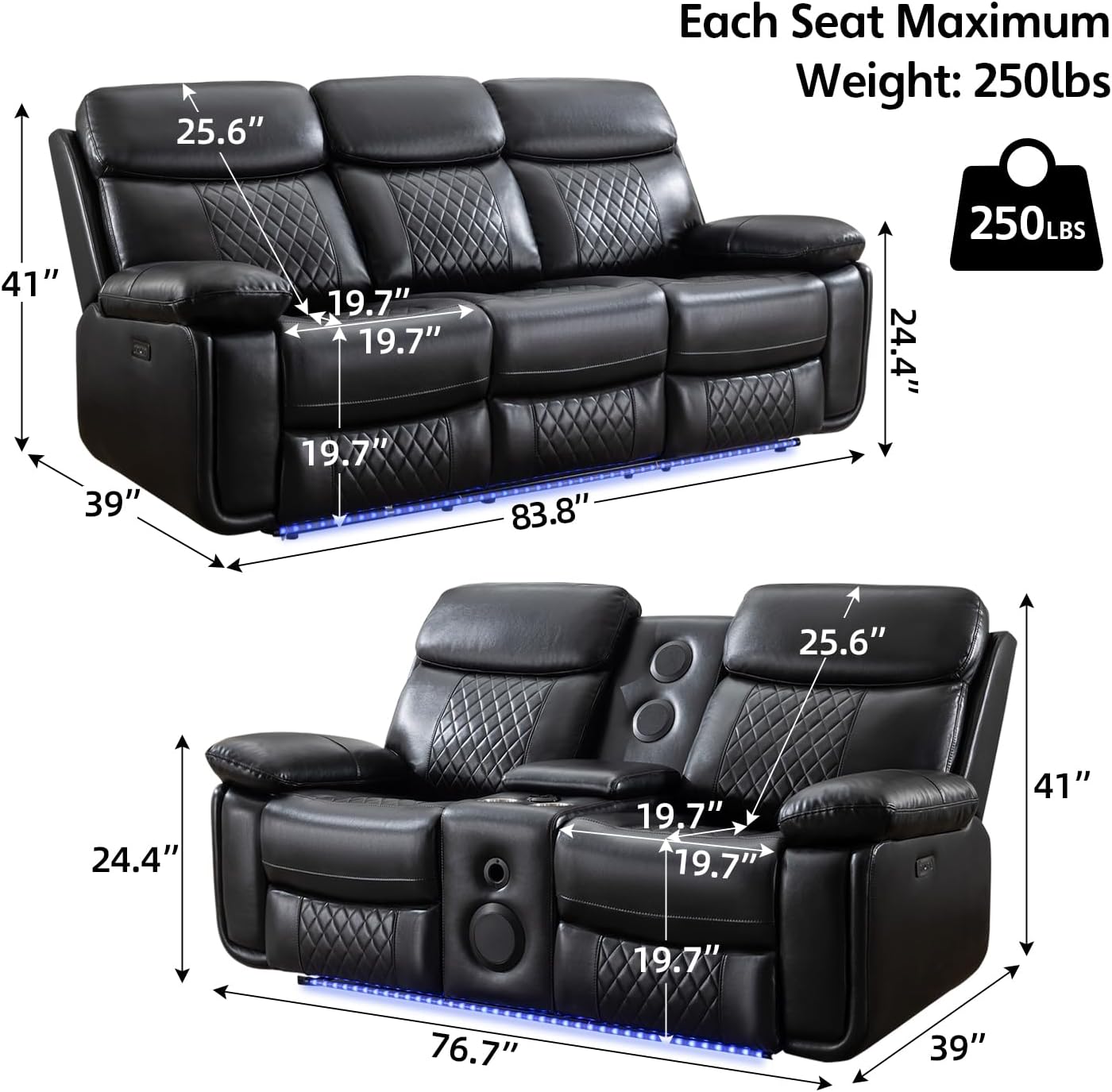 Power Recliner Sofa Set of 2 Piece with Bass Speakers for Living Room,Faux Leather Electric Zero Gravity 3 Seater Reclining Couch with Wireless Charger and Loveseat Theater Chair with LED Lights,Black