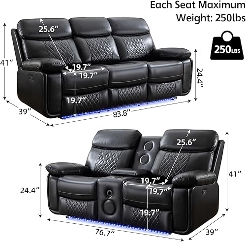 Miniatura 2 de Juego de 2 sofás reclinables eléctricos con altavoces bajos para sala de estar, sofá reclinable eléctrico de 3 plazas de piel sintética con cargador