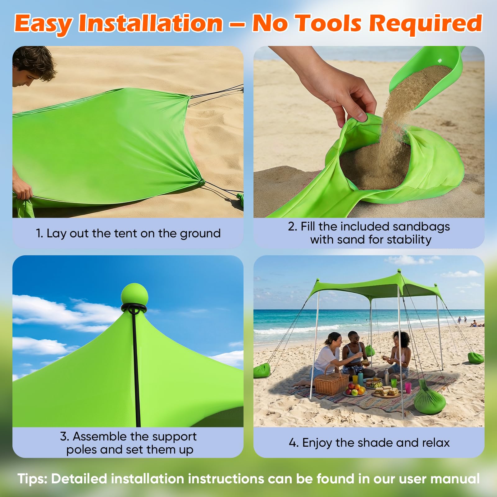 Tenda da spiaggia 2 x 2,1 m, Parasole UPF50+ Portatile per 2-3 Persone – Kit Parasole da Esterno con Pali, Picchetti, Corde e Borsa Trasporto – Ideale per Spiaggia, Campeggio, Picnic – Verde