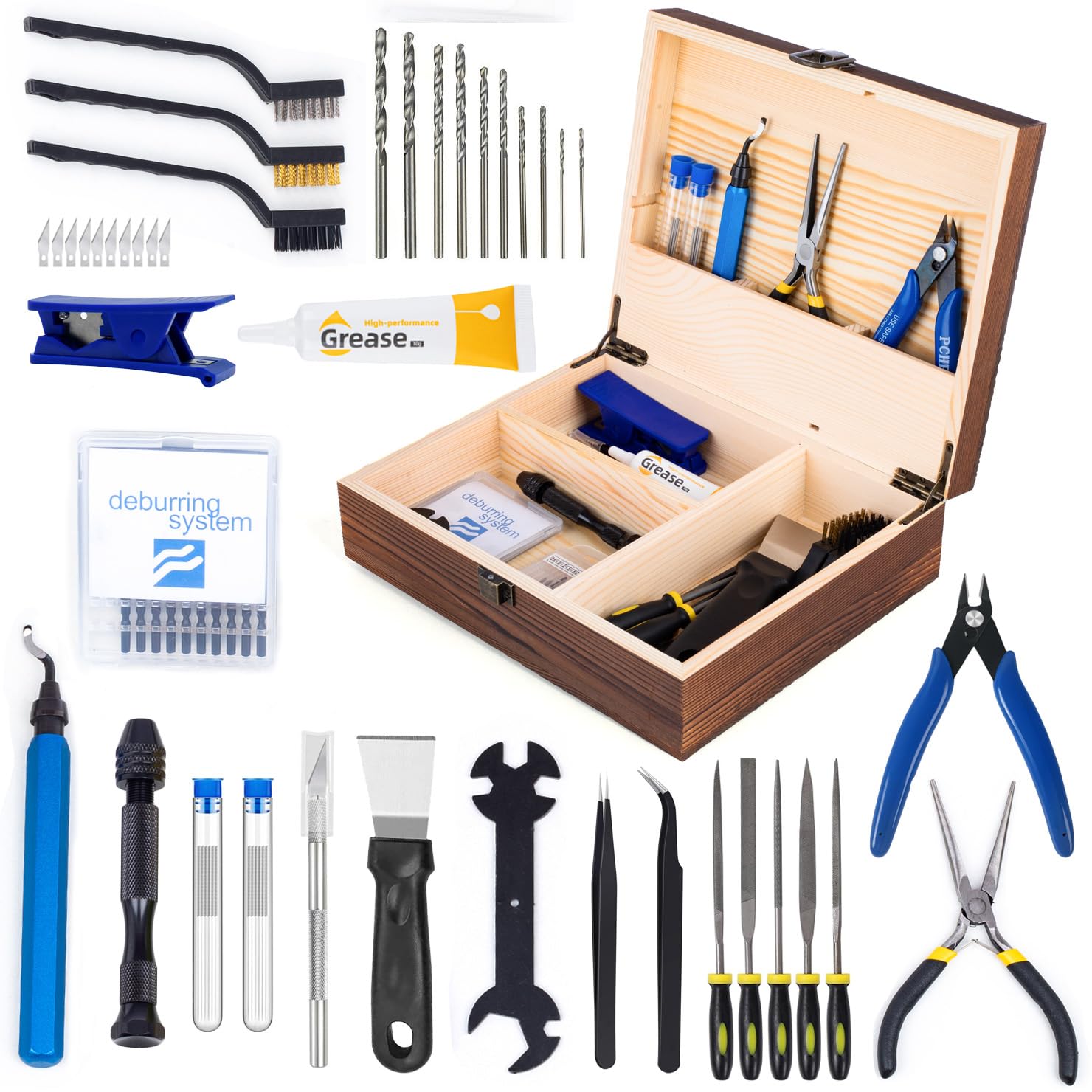3D Printing Tool Set with Wood Box – 3D Printer Tools Features a deburring Tool, Wire Cutter, Drill, and Scraper for Model cleanup, Surface Smoothing, and Precise Drilling.