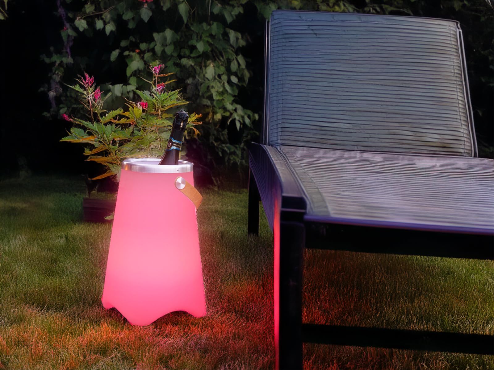 meineWunschleuchte 3in1 LED Leuchte CALLOON mit Bluetooth Lautsprecher und Fernbedienung – RGB Farbwechsel & Flaschenkühler mit praktischem Ledergriff, Höhe 50cm- für Indoor & Outdoor (IP44)