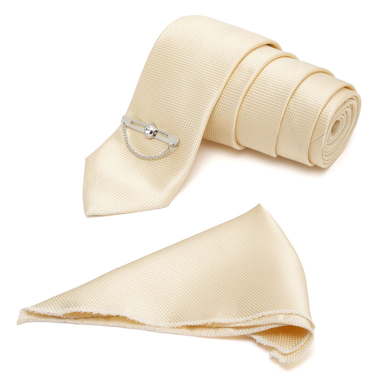 mutaqinoti Mens Cream Woven Premium Silk Necktie Set Incl Pocket Square Chrome Tiepin British Style Formal Tie Gift Set for Men (TECM03-CPC)-picture-17