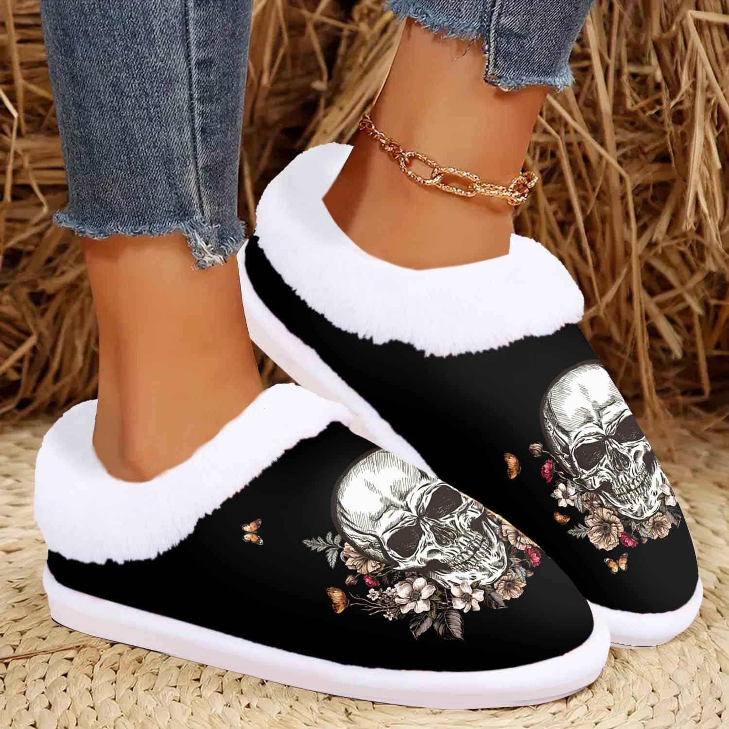 Skull Slippers for Women Men, Fuzzy Plush Memory Foam Closed Back Winter Warm Slippers, All-Season Halloween House Shoes for Indoor Outdoor, Machine Washable