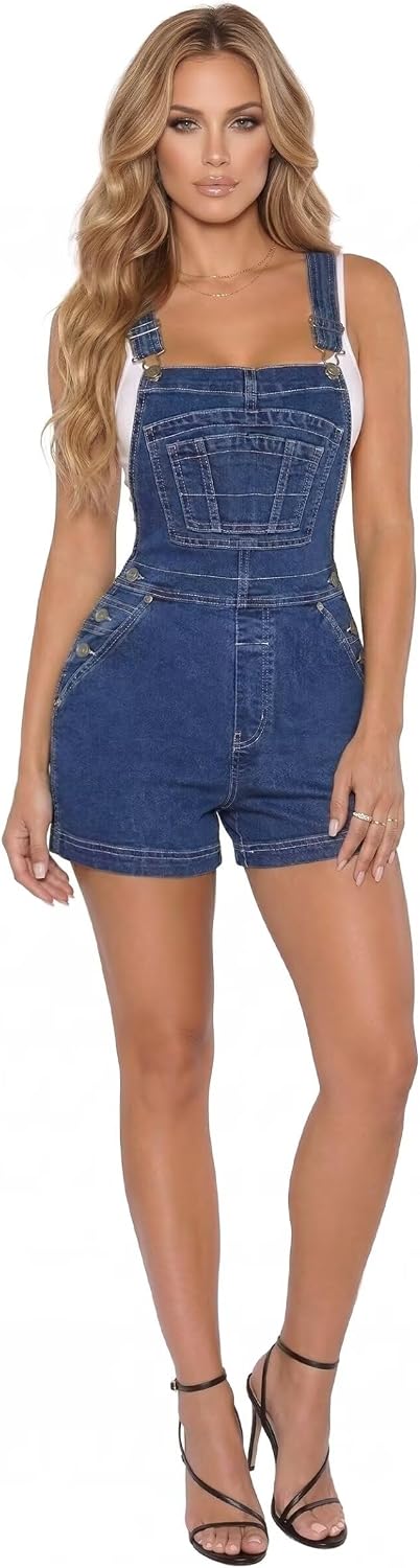 Hybrid & Company Women Denim Shorts Rompers Sleeveless Adjustable Strap Overalls Cross Back Jumpsuit