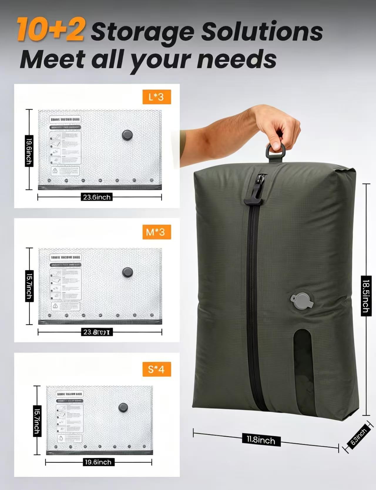 Paquete de 12 bolsas de vacío de viaje con bomba recargable, 10 bolsas de compresión transparentes de PA y PE y 2 bolsas verdes de TPU de 18 L, bolsas de almacenamiento al vacío que ahorran espacio