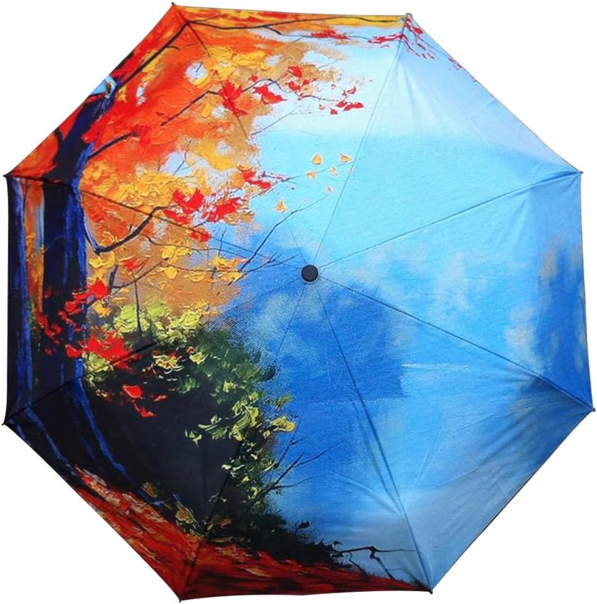 AOQI Oil Painting Folding Windproof Umbrella Women Colorful Portable Travel Sun Rain Umbrellas 8 Ribs(Maple and Sky)