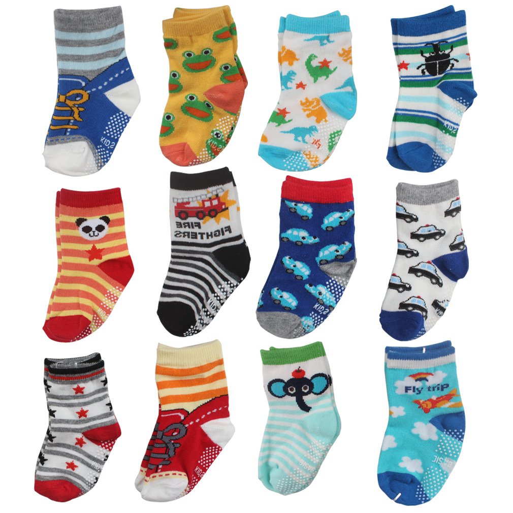 CIEHER 12 Pairs Assorted Non Skid Ankle Cotton Socks Baby Anti Slip Stretch Knit Socks Sneakers Crew Socks With Grip For 9-36 Months Baby