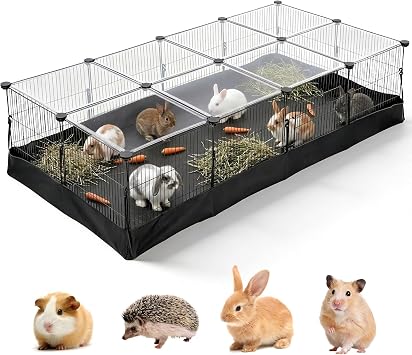 The Fellie Pet Playpen with Floor, Plastic Guinea Pig Cage with Removable Oxford Fabric Mat, Indoor Rabbit Cage, DIY Metal Pet Fence for Puppy,Kitten,Hamster,Turtle,Hedgehog140x70x35CM 12PCS