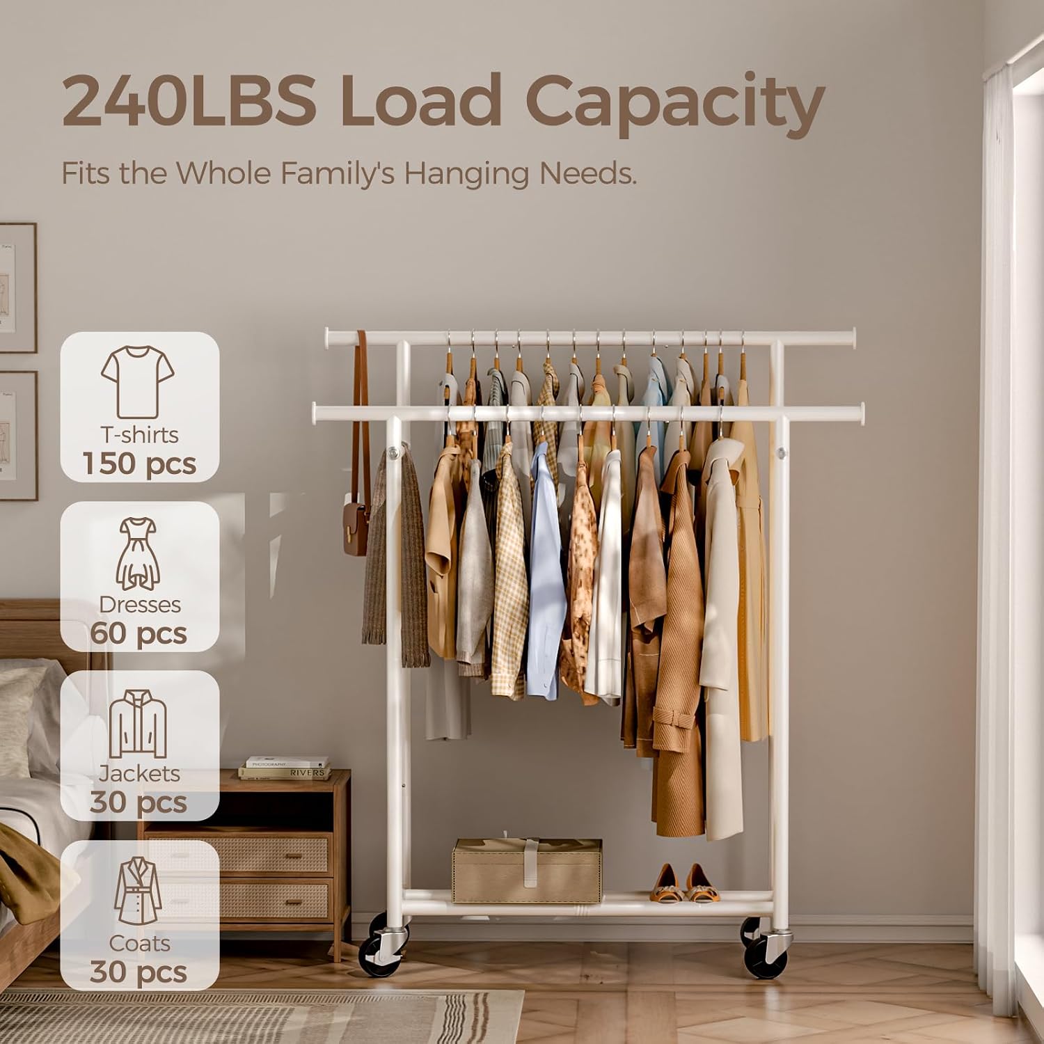 HYSEYY Clothes Rack, Double Rods Rolling Clothing Rack for Hanging Clothes, Portable Garment Rack with Wheels, Coat Rack Wardrobe Closet Load 240 LBS for Bedroom Laundry Room (White, L) White L