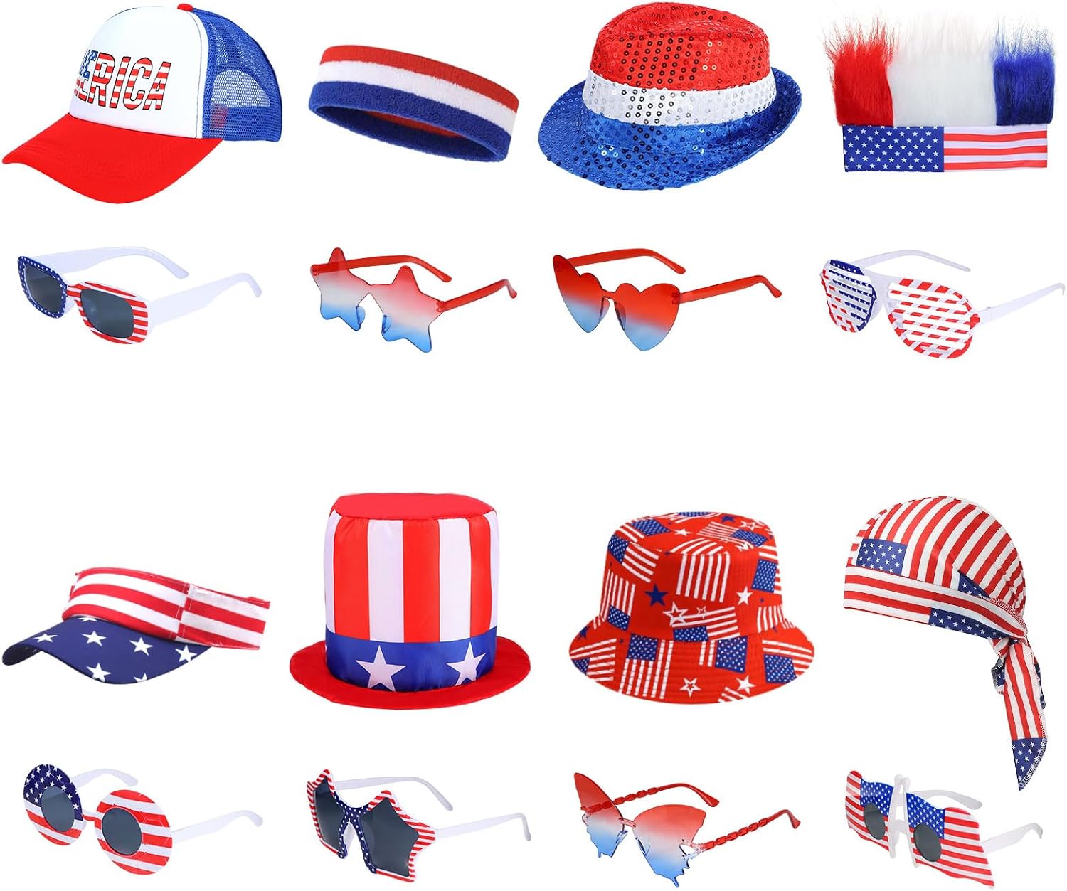 16 Pcs 4th of July Party Hats and Glasses for Adults – 8 Pack Patriotic Red White Blue Top Hats & 8 Pack American Flag Star Sunglasses, Independence Day Photo Booth Props for Parade BBQ Pub Crawl