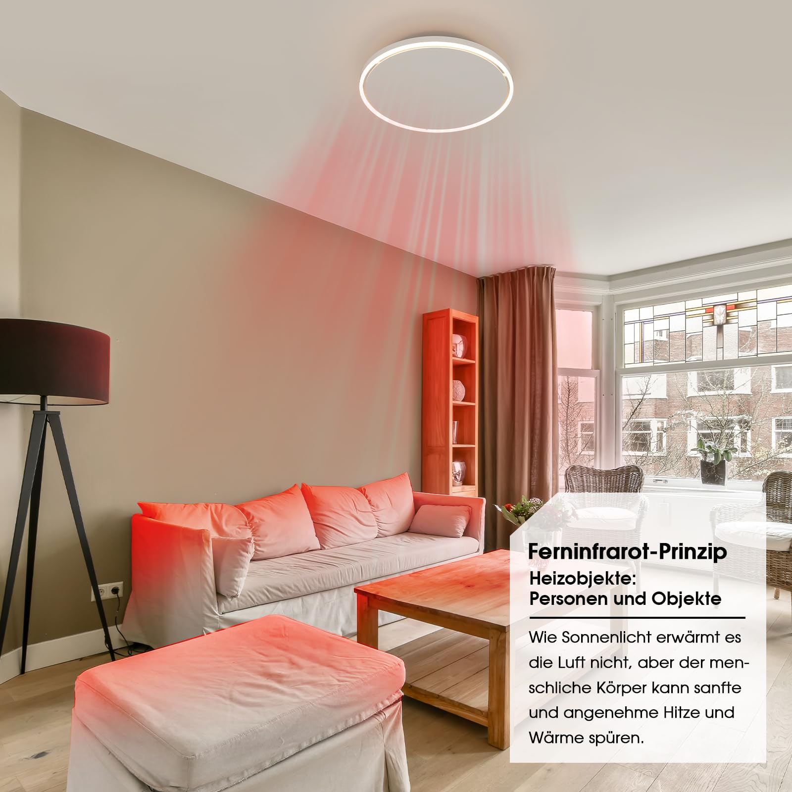 Calefactor infrarrojo de techo de 1440W Redondo, calefactor infrarrojo de con luz LED, calefactor radiante de con termostato y mando a distancia, calefactor eléctrico, panel calefactor, radiador