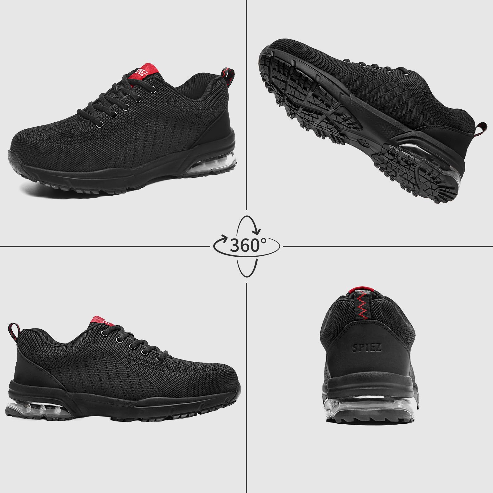 SPIEZ Zapatos de Seguridad Hombre Mujer Ligeros con Puntera Composite y amortiguación de Aire Negro/Rojo Tallas EU 36-46