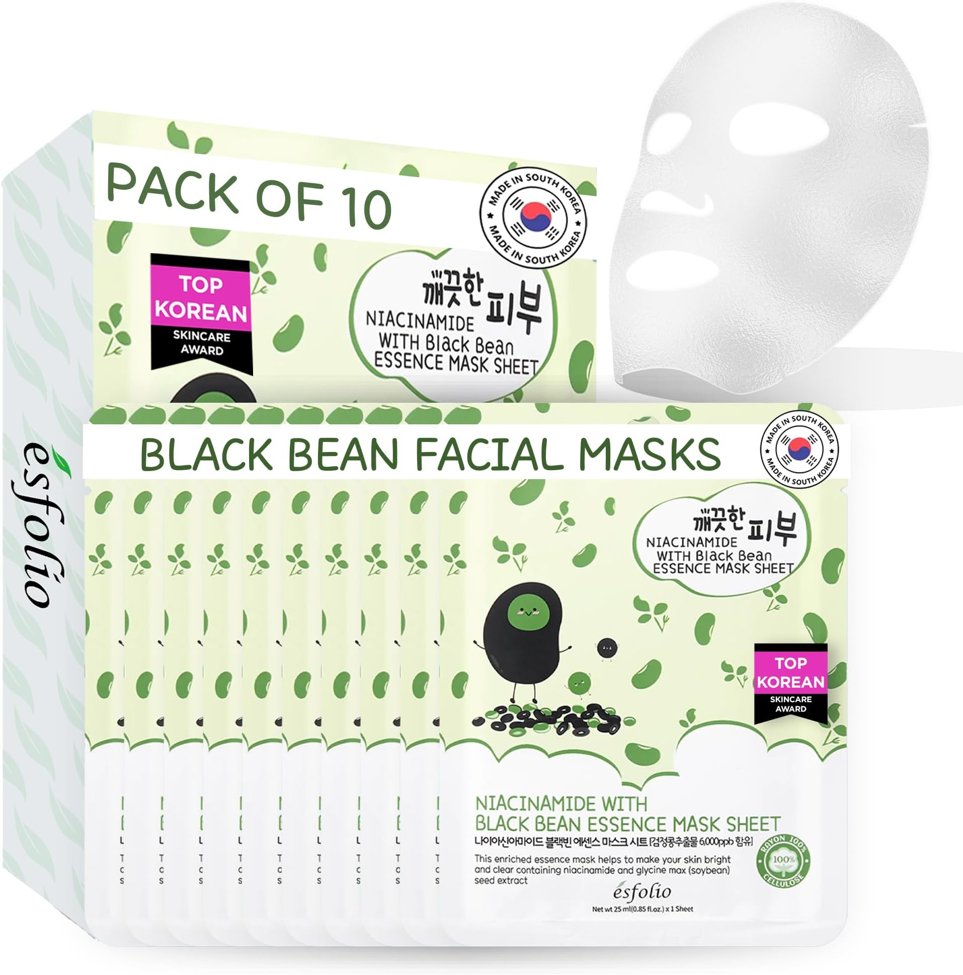 Niacinamide Black Bean Essence Mask Sheet – Hydrating Korean Face Mask for Dark Spots, Pore Care, Oil Control, Improves Skin – Moisturizing Skin (Pack of 10)
