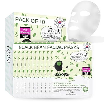 esfolio Niacinamide Black Bean Essence Mask Sheet Hydrating Korean Face Mask for Dark Spots, Pore Care, Oil Control, Improves Skin Moisturizing Skin Pack of 10