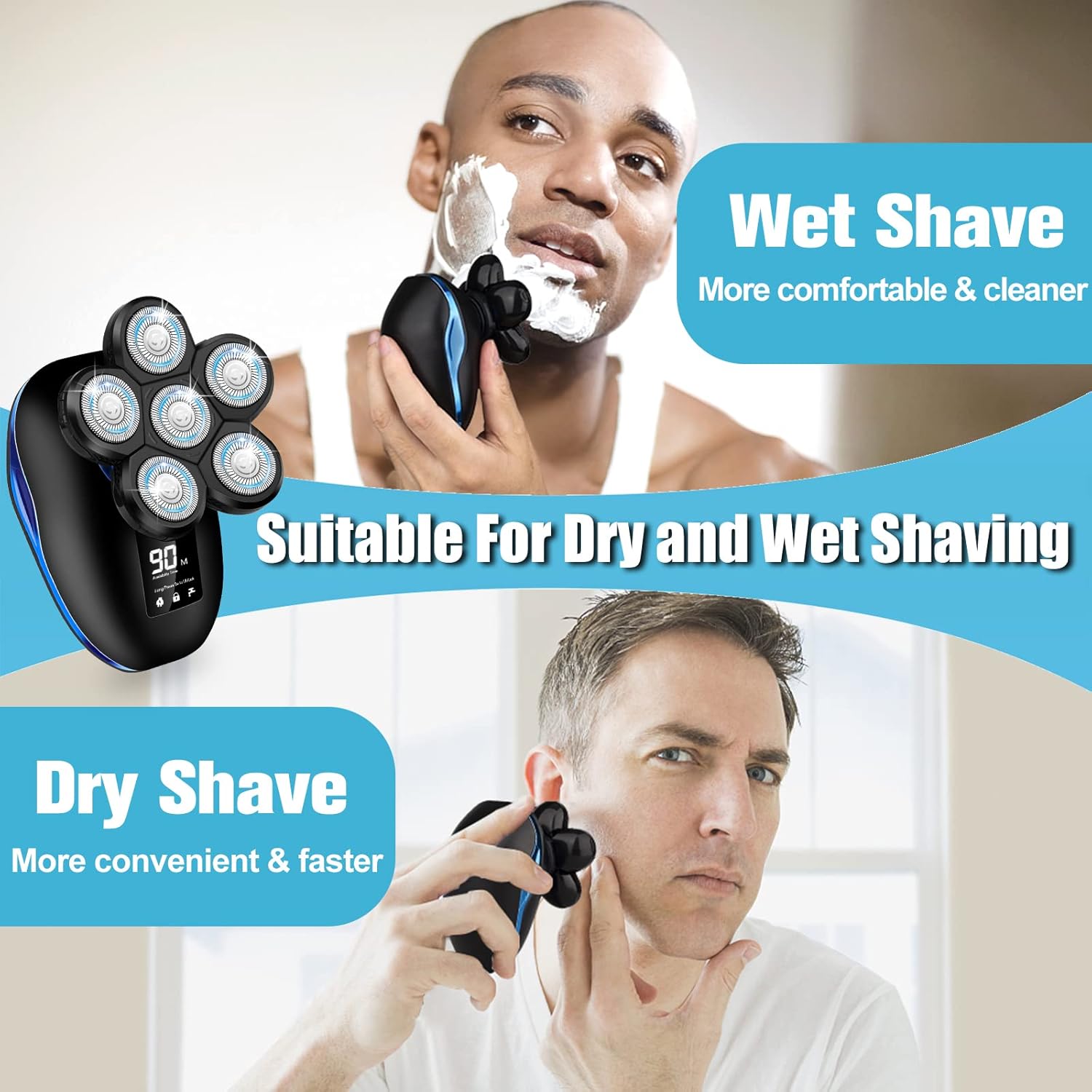 Head Shaver for Bald Men,6-in-1 Electric Shaver for Bald Head 6D Wet/Dry Waterproof Mens Electric Razor Skull Head Shavers Mens Grooming Kit Cordless Rechargeable Face Head Shaving Rotary Shaver Blue