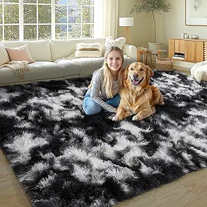 KING DARE 8x10 Black and White Area Rugs, Soft Plush Shaggy Fuzzy Furry Large Rug for Living Room, Anti-Slip Washable Modern Big Floor Carpet for Bedroom Home Decor Aesthetic