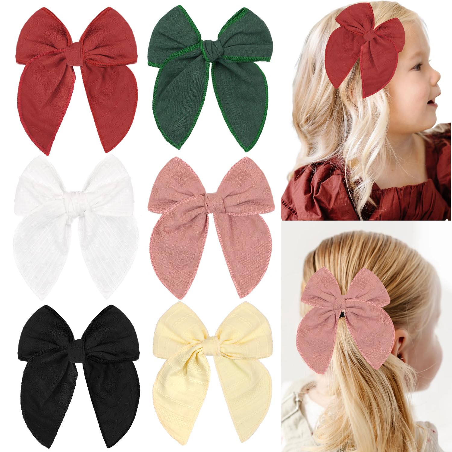 6 PCS Large Fable Hair Bows Cotton Linen Christmas Plaid Hair Bow for Toddlers Girls Handmade Christmas Hair Accessories for Little Girls Kids