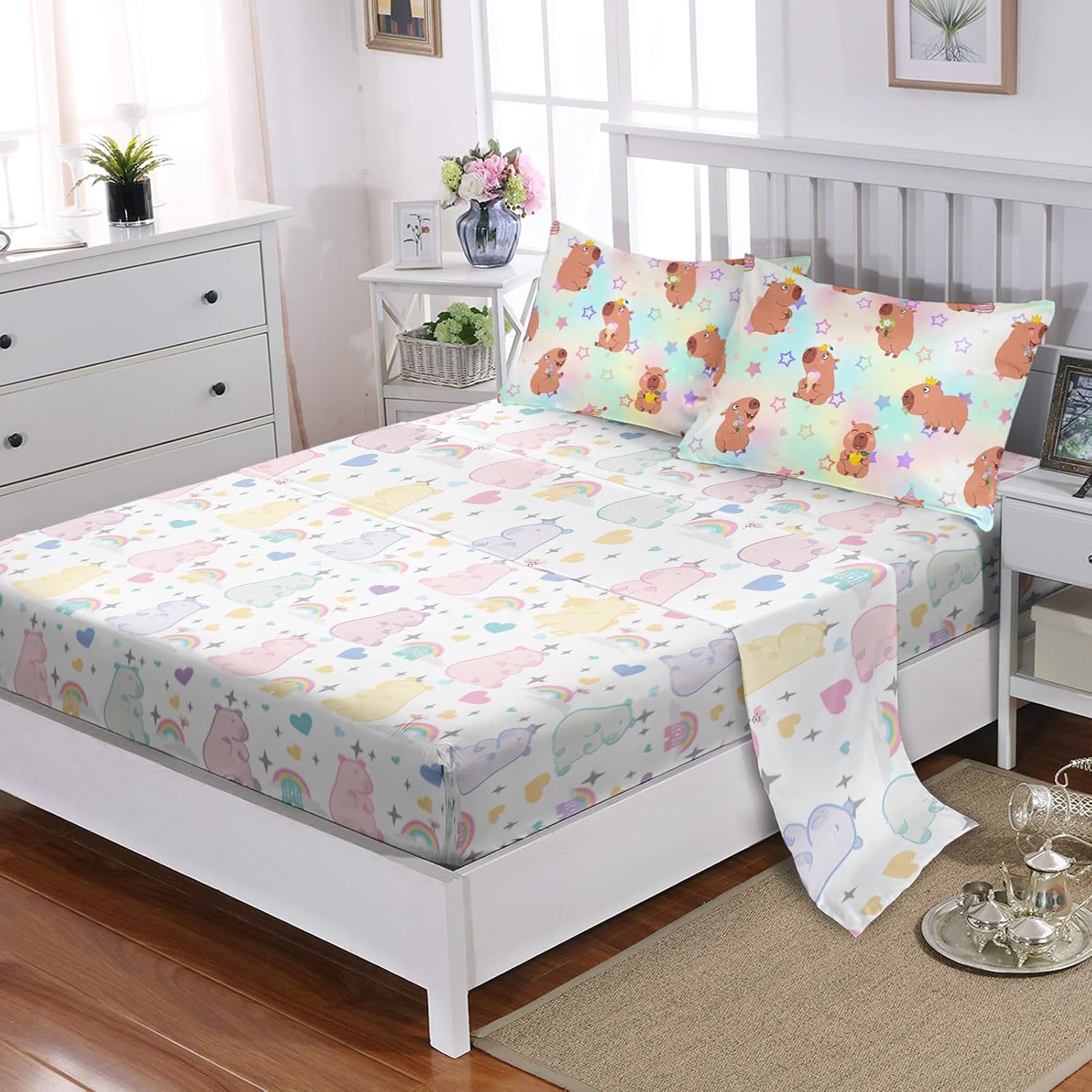 AILONEN 7-Piece Kawaii Capybara Comforter Set Twin Size,Girls Kids Bed in a Bag,Cute Cartoon Capybara Rainbow Comforter & Fitted Sheet & Flat Sheet & 2 Pillowcases,2 Pillow Shams