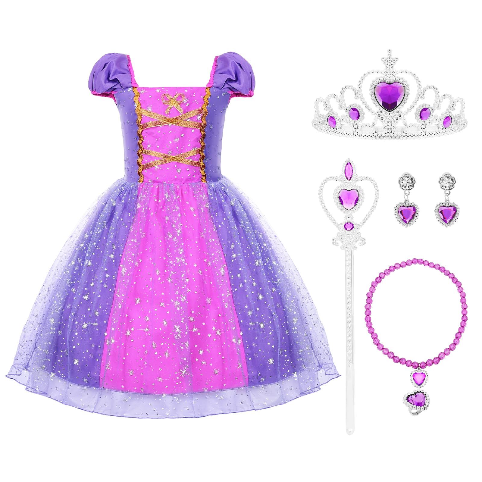 MIVORA Disfraz Princesa Niña, Disfraz Rapunzel Niña, Disfraz Princesa Niña, Vestido Princesa Niña de Soplo Tul Brillante con Corona y Varita, Disfraz Niña Morado Halloween Fiesta Cosplay