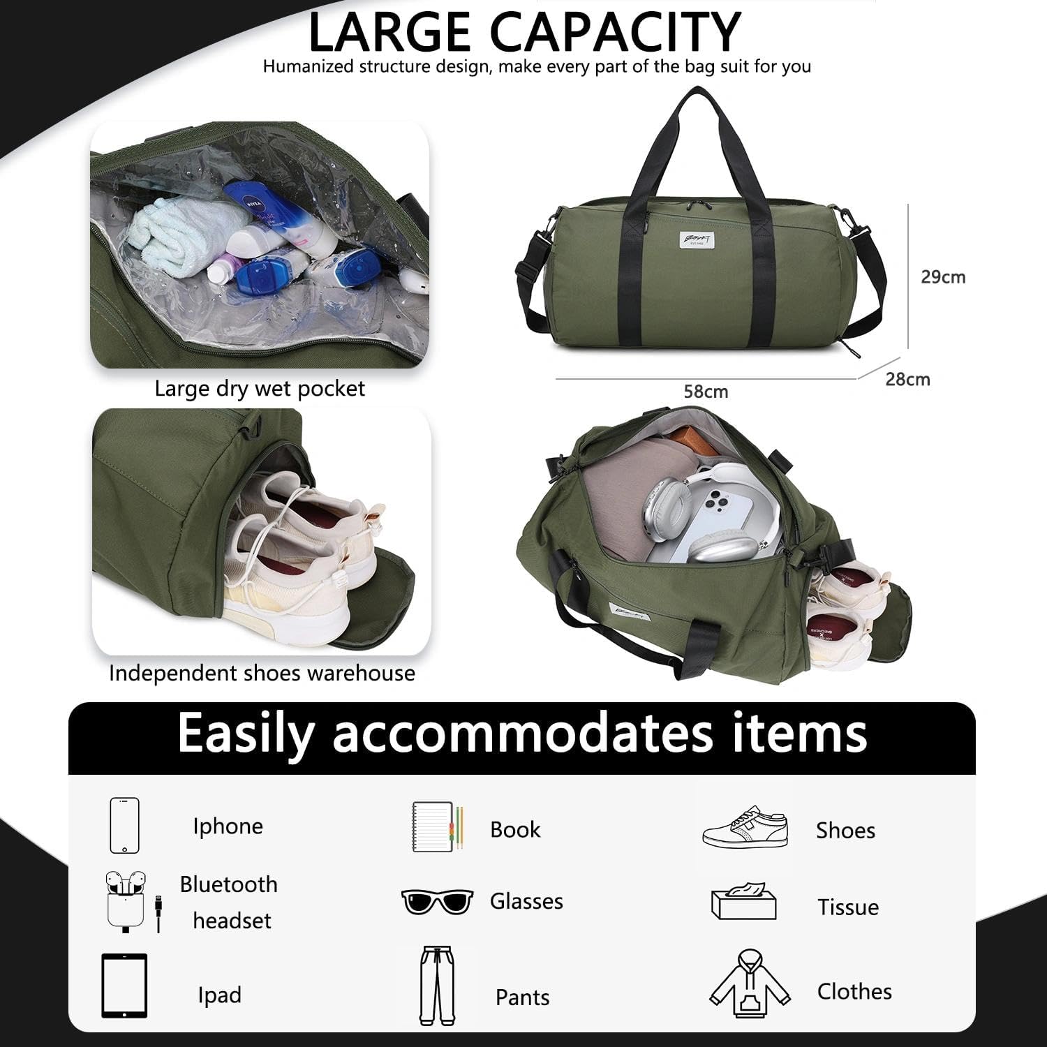 BE SMART Waterproof Mens Gym Bag with Shoe Compartment, Duffle Bag with Wet Pocket for Men, Lightweight Large Sport Carry On Duffel Bag With Tpu Pocket for Travel, Sports, Fitness & Workout(Navyblue)