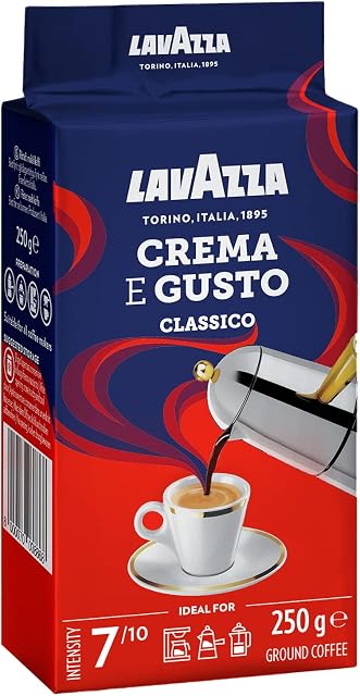 Lavazza, Crema e Gusto Classico, Ground Coffee, 8 Packs of 250g, Ideal for Moka Pot or Filtered Coffee, Rounded & Inviting Taste, Intensity 7/10, Spicy Aromatic Notes, Arabica and Robusta, Dark Roast