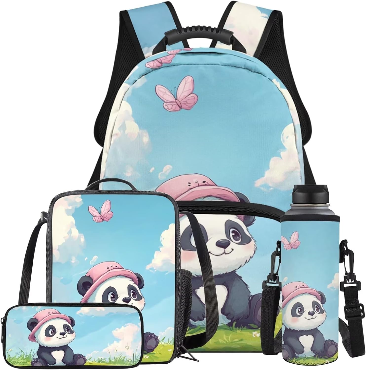 COEQINE Panda Girls Backpack with Lunch Box Pencil Box Set, 17 Inch Bookbag for Girls Cartoon Large Capacity School Bag Cartoon Children Backpack with 4PCS Accessories School Supplies